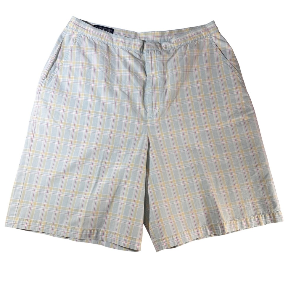 Lands End Womens Pastel Plaid Shorts Blue Yellow Pink Size 16 Regular Preppy